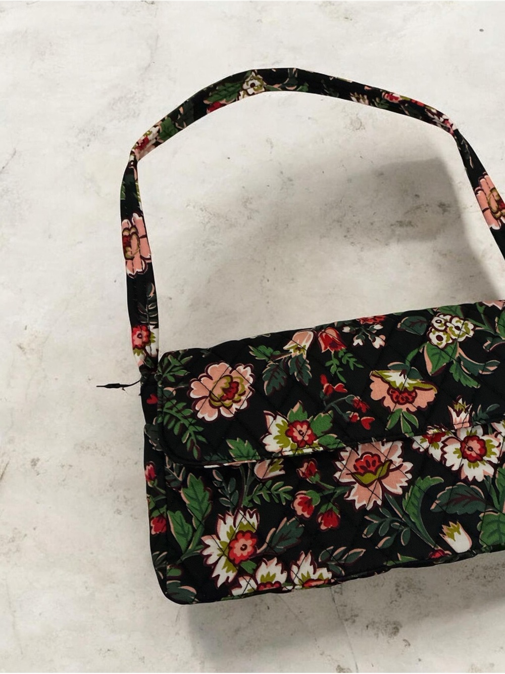 Vera Bradley Black Floral Quilted Shoulder Bag with Pink & Green Accents